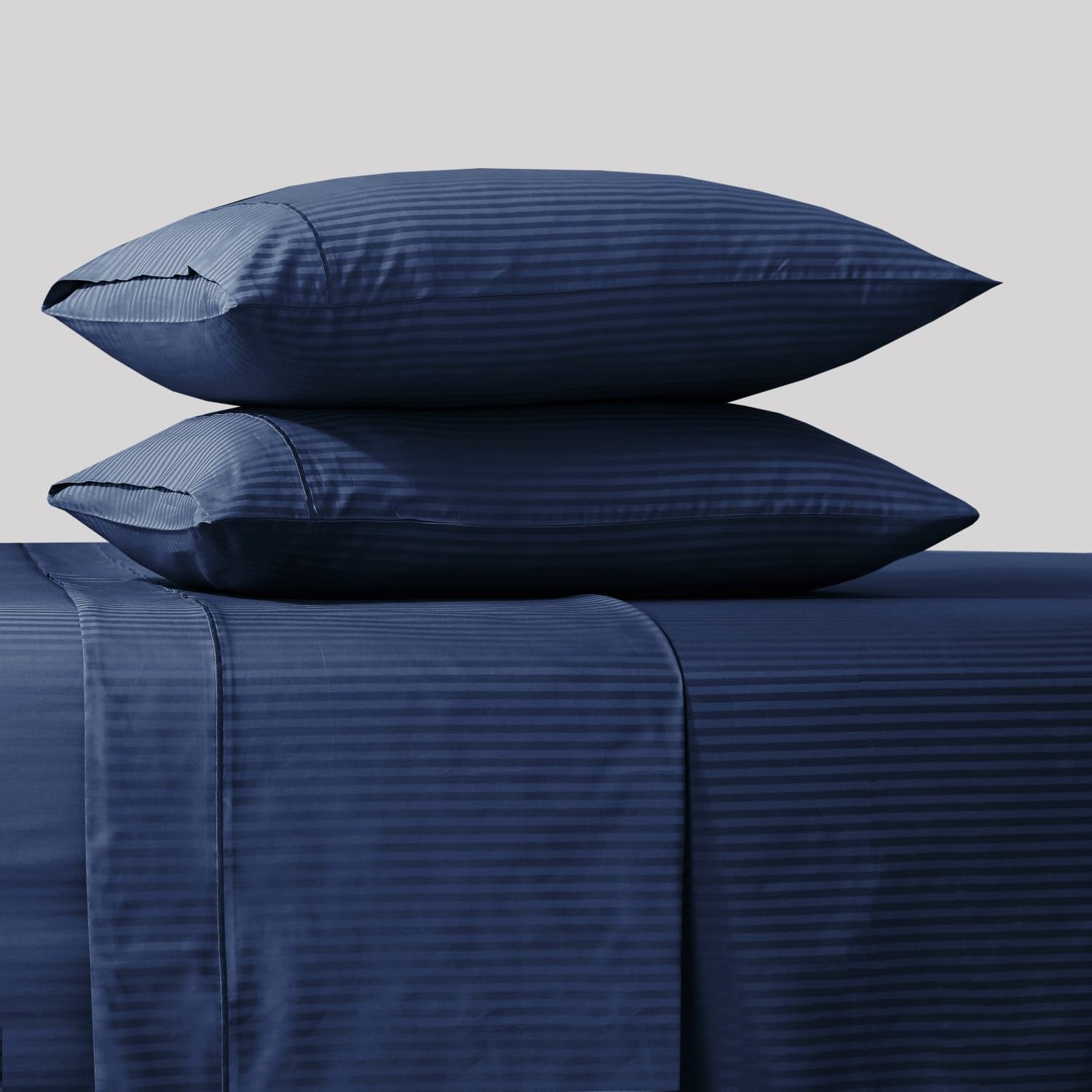 Feather & Stitch 500 TC California King Size Bed Sheet Set, 100% Cotton Soft Breathable Bedsheets, 4 Piece 18" Deep Pockets Sateen Weave Striped Bedding Mattress Resort Hotel - (Dark Blue Stripe)