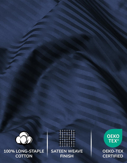 Load image into Gallery viewer, Feather &amp; Stitch 500 TC California King Size Bed Sheet Set, 100% Cotton Soft Breathable Bedsheets, 4 Piece 18" Deep Pockets Sateen Weave Striped Bedding Mattress Resort Hotel - (Dark Blue Stripe)
