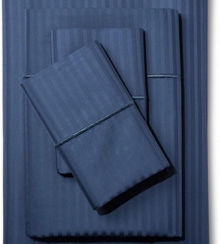 Feather & Stitch 500 TC California King Size Bed Sheet Set, 100% Cotton Soft Breathable Bedsheets, 4 Piece 18" Deep Pockets Sateen Weave Striped Bedding Mattress Resort Hotel - (Dark Blue Stripe)